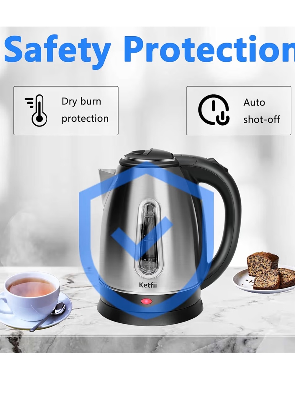 *2538* “7x10” Ketfii Stainless Steel Electric Kettle - Silver & Black - Picture 9 of 16